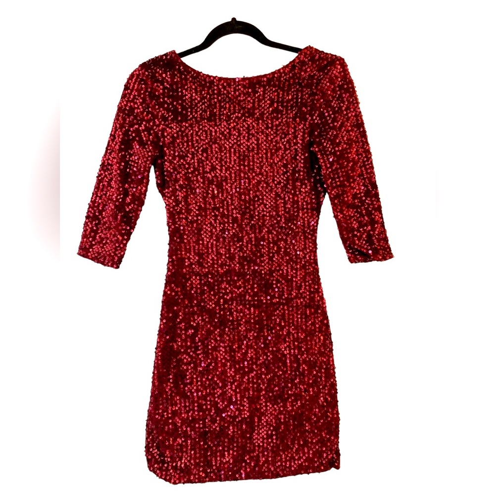 Red Sequins Dress |V-Neck Back |Shiny Bodycon Night Club Party Slim Mini Size 2